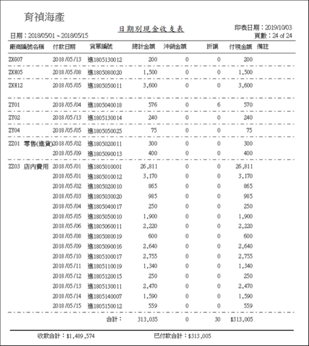 日期別現金收支明細輸出畫面