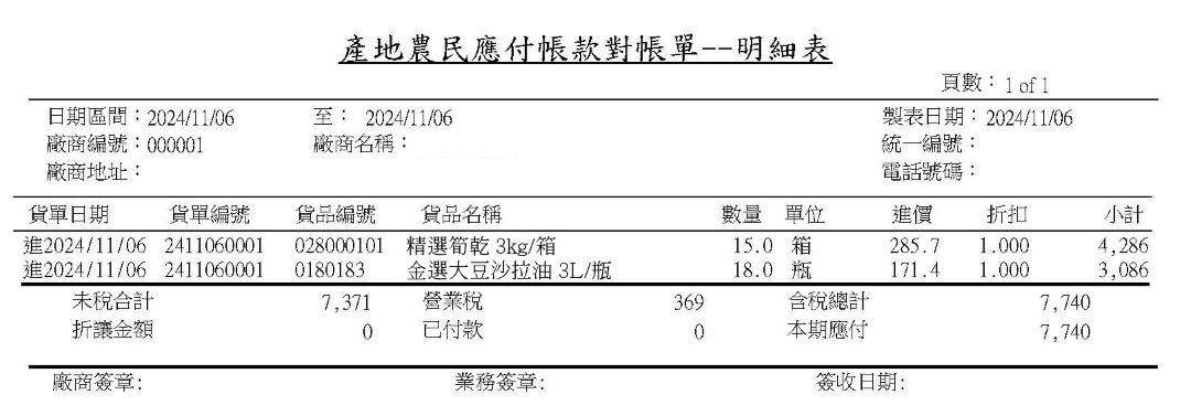 南北雜貨業供應商應付帳款對帳單明細表