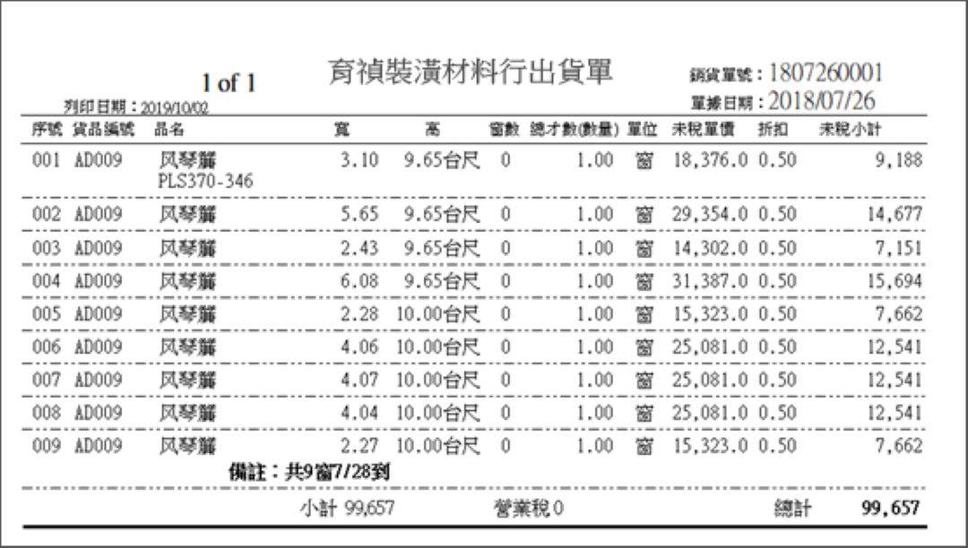 銷貨單報表中的窗簾尺寸與才積明細
